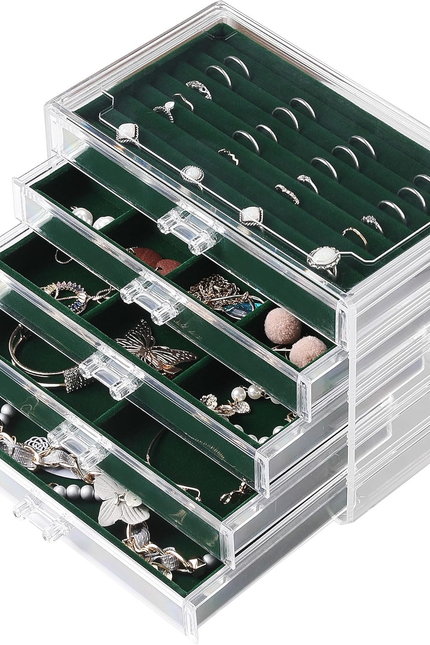 Frebeauty Extra Large Acrylic Jewelry Box for Women Girls 5 Layers Clear Velvet 