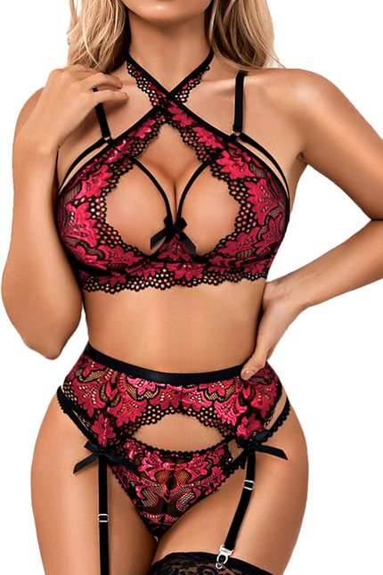 Women Sexy Lingerie Set with Garter Belts Lace Bra and Panty Set Exotic Suspende