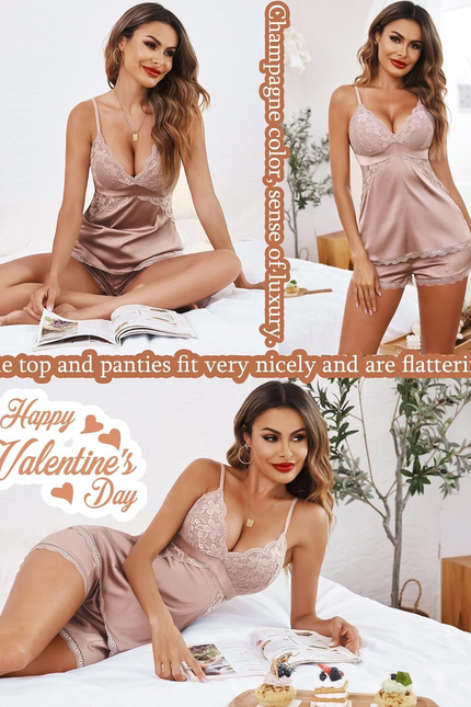 Women Sleepwear Satin Pajamas Set Lace Camisole Shorts Nightwear