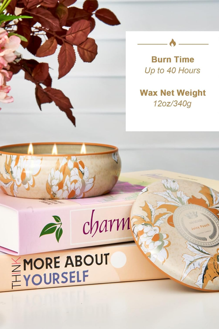 Peach Scented Candles 12Oz 40 Hour Long Lasting, 3 Wick Soy Candles for Home Sce