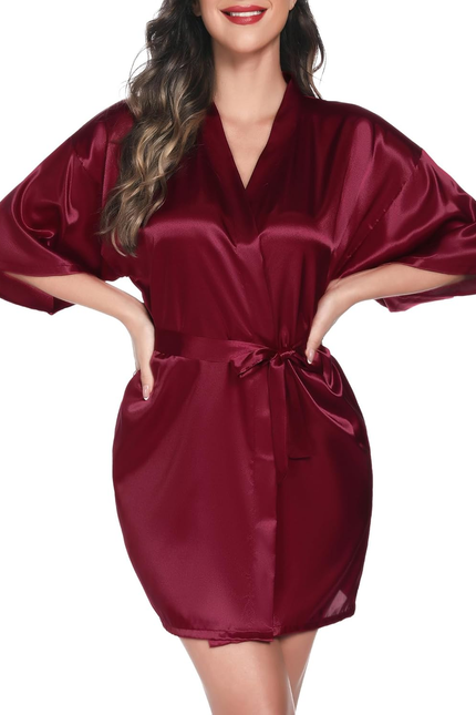 Womens Kimono Robes Dressing Gown Satin Bathrobe Nightdress Short Style Bridal R