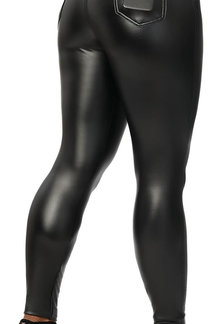 SEASUM Women'S Faux Leather Leggings Pants PU Elastic Shaping Hip Push up Black 