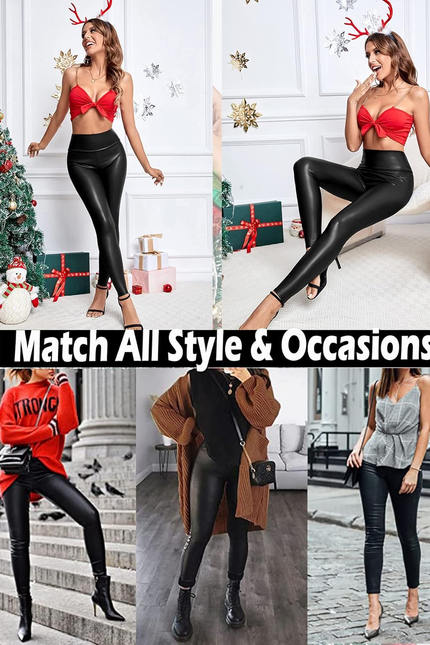 SEASUM Women'S Faux Leather Leggings Pants PU Elastic Shaping Hip Push up Black 