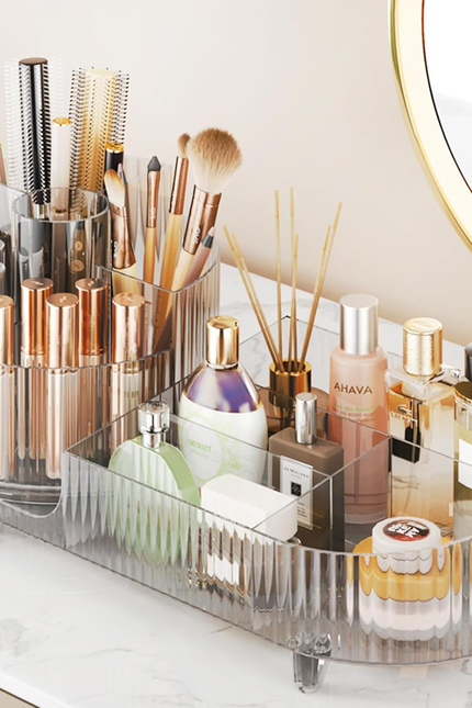 360° Rotating Vanity Makeup Organizer with Brush Holder, Large Spinning Cosmetic