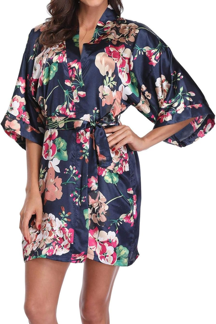Women Floral Robes Bridesmaids Short Satin Kimono Sleepwear for Wedding Party