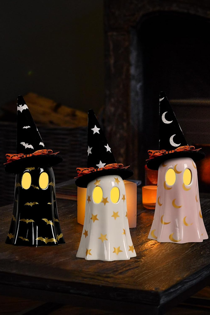 Halloween Decor Indoor, Set of 3 Ceramic Ghosts with Witch Hats, Cute Spooky Gho