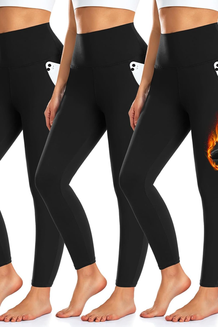 3 Pack Fleece Lined Leggings Women with Pockets -Warm Winter Yoga Pants for Wome