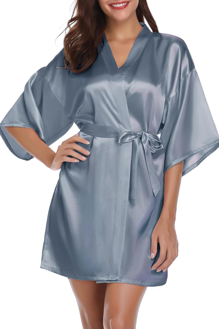 Womens Kimono Robes Dressing Gown Satin Bathrobe Nightdress Short Style Bridal R
