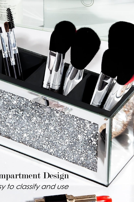 SHYFOY Mirrored Makeup Brush Holder Organizer, 3 Slot Glass Cosmetics Brushes St