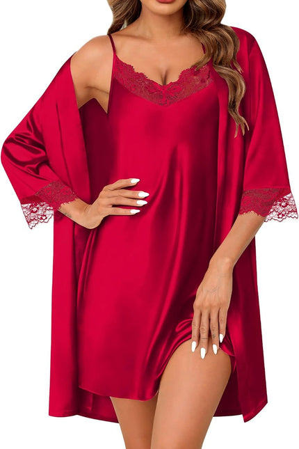 Women's Satin Robe & Cami Nightgown Set - 2 Piece Lace Pajamas Nightwear