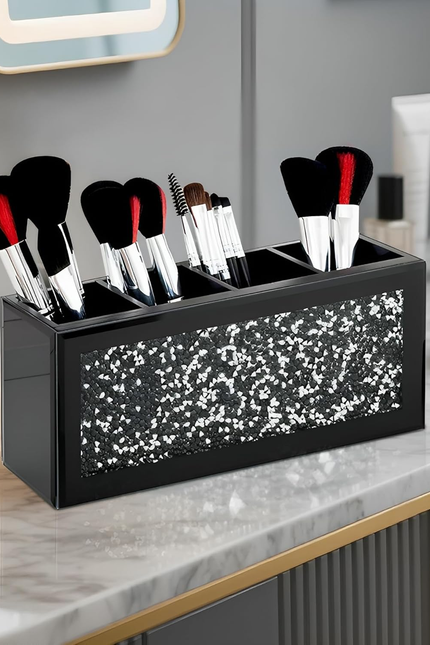 SHYFOY Mirrored Makeup Brush Holder Organizer, 3 Slot Glass Cosmetics Brushes St