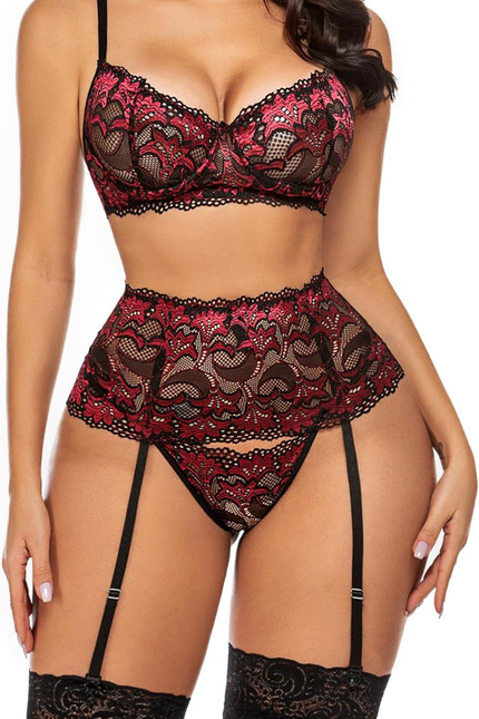 Women Lingerie Set High Waisted Underwire Lingerie with Garter Belt Lace Babydol