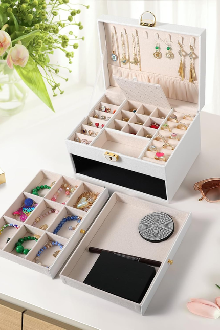 3 Layer Jewelry Box, Lockable Jewelry Holder Organizer with Jewelry Drawer, Larg