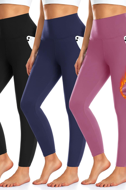 3 Pack Fleece Lined Leggings Women with Pockets -Warm Winter Yoga Pants for Wome