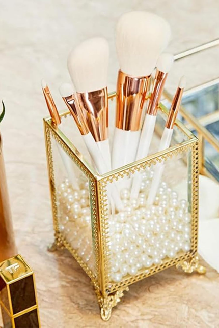 Putwo Vintage Makeup Brush Holder Glass and Brass Organizer Handmade Cosmetic Br