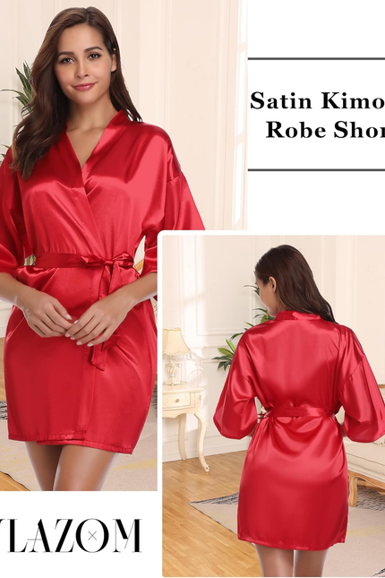 Womens Kimono Robes Dressing Gown Satin Bathrobe Nightdress Short Style Bridal R