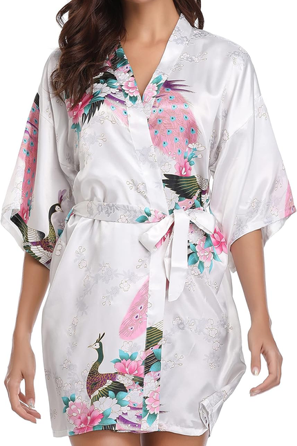 Womens Kimono Robes Dressing Gown Satin Bathrobe Nightdress Short Style Bridal R