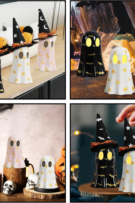 Halloween Decor Indoor, Set of 3 Ceramic Ghosts with Witch Hats, Cute Spooky Gho