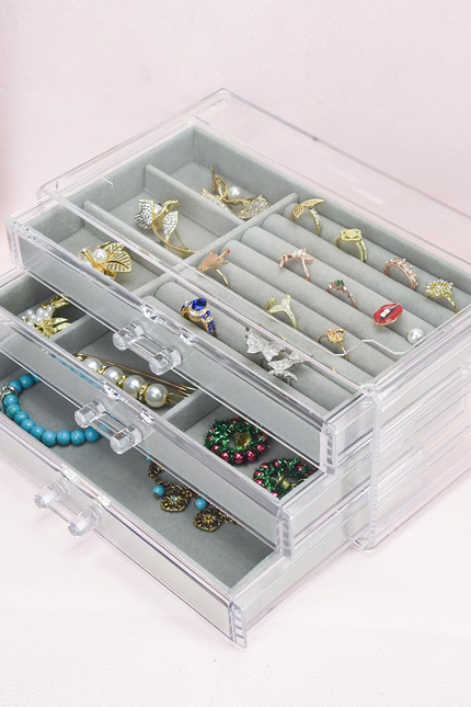 Acrylic Jewelry Box 3 Drawers, Velvet Jewellery Organizer, Earring Rings Necklac