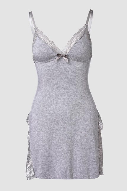 CHICME Women'S Lace Trim Side Slit Modal Cami Sleep Dress Loungewear Sexy Night 