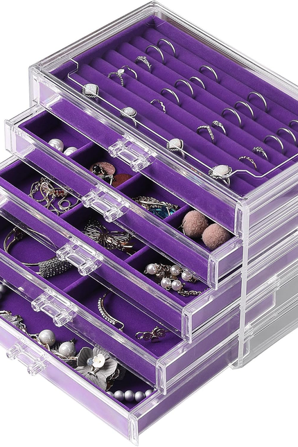 Frebeauty Extra Large Acrylic Jewelry Box for Women Girls 5 Layers Clear Velvet 