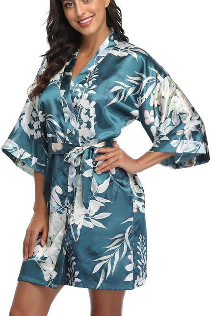 Women Floral Robes Bridesmaids Short Satin Kimono Sleepwear for Wedding Party