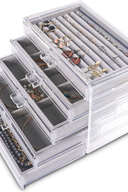 Frebeauty Extra Large Acrylic Jewelry Box for Women Girls 5 Layers Clear Velvet 