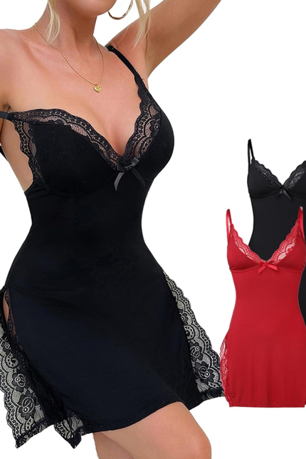 CHICME Women'S Lace Trim Side Slit Modal Cami Sleep Dress Loungewear Sexy Night 