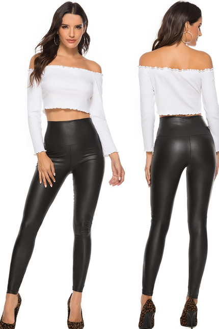 RIOJOY Womens Sexy Leather Leggings PU High Waist Butt Lifting Pleather Pants St