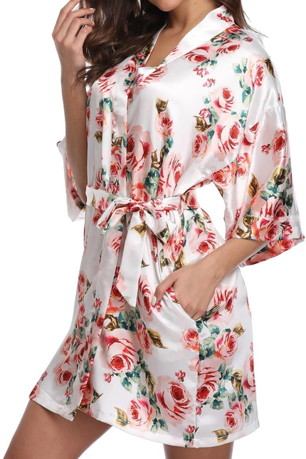Women Floral Robes Bridesmaids Short Satin Kimono Sleepwear for Wedding Party