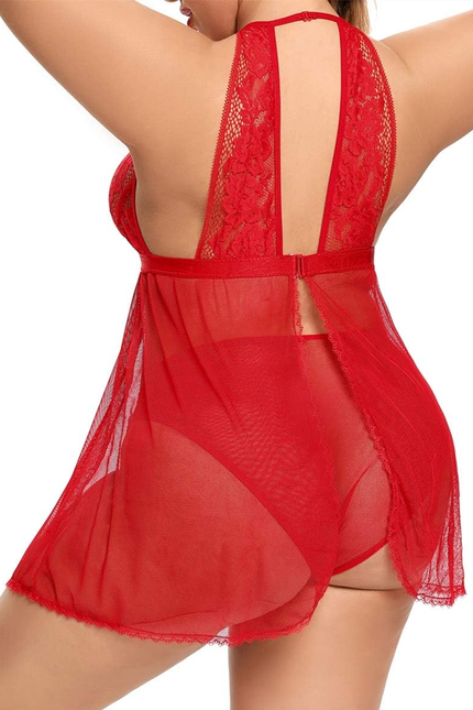 Plus Size Babydoll for Women - Sexy Halter Keyhole Lace Lingerie Set Sheer Mesh 