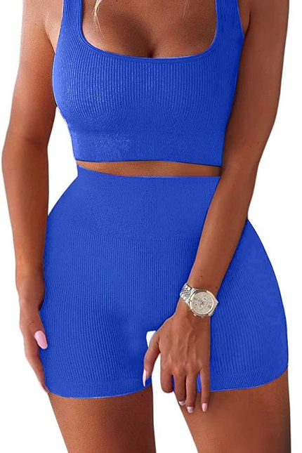 Women'S Workout Sets Ribbed Tank 2 Piece Seamless High Waist Gym Outfit Yoga Sho