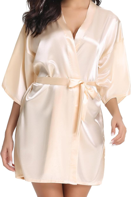 Womens Kimono Robes Dressing Gown Satin Bathrobe Nightdress Short Style Bridal R