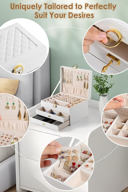 3 Layer Jewelry Box, Lockable Jewelry Holder Organizer with Jewelry Drawer, Larg