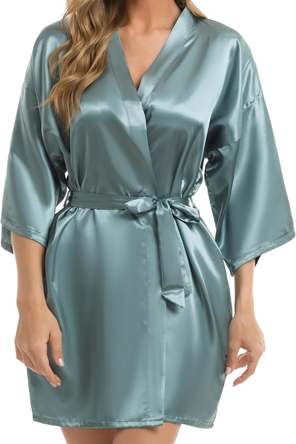Womens Kimono Robes Dressing Gown Satin Bathrobe Nightdress Short Style Bridal R