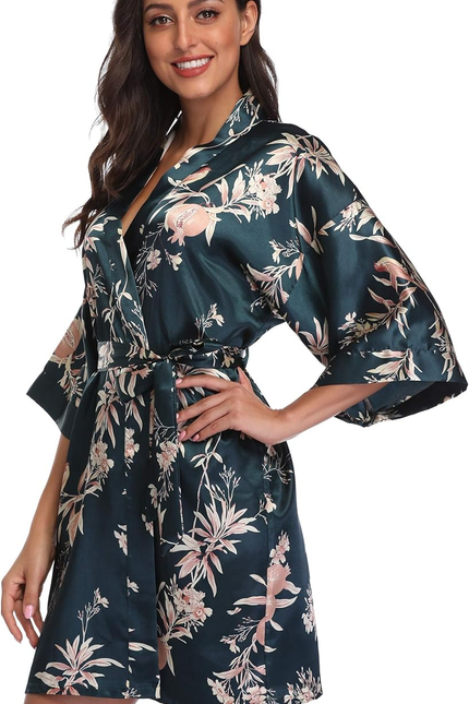Women Floral Robes Bridesmaids Short Satin Kimono Sleepwear for Wedding Party
