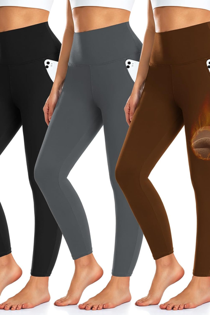 3 Pack Fleece Lined Leggings Women with Pockets -Warm Winter Yoga Pants for Wome