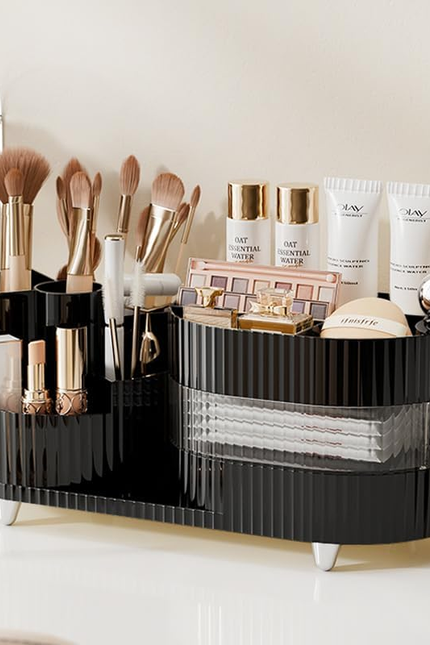 360° Rotating Vanity Makeup Organizer with Brush Holder, Large Spinning Cosmetic