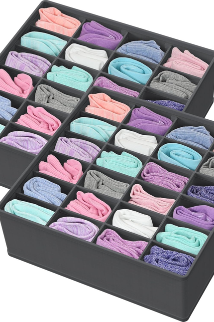 2 Pack Closet Sock Organizer, 24 Cell Drawer Divider, Gray