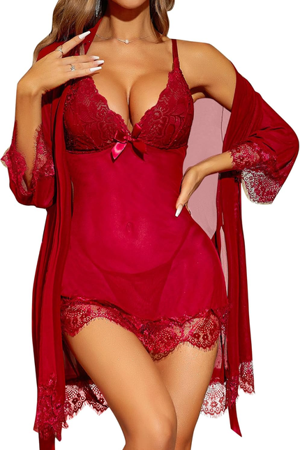 Women's Sexy 3 Piece Lingerie Set ,Lace Kimono Robe & Babydoll Chemise Nightgown