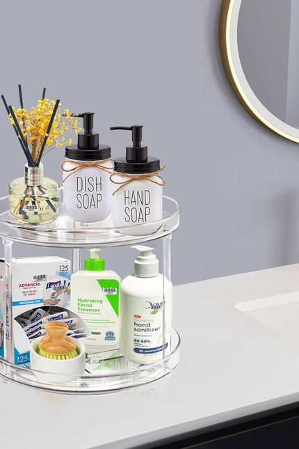 2 Tier Lazy Susan Bathroom Organizer, 9.25Inch Clear 360 Rotating Makeup Organiz