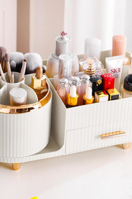 360° Rotating Vanity Makeup Organizer with Brush Holder, Large Spinning Cosmetic