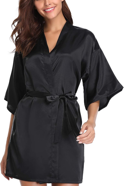 Womens Kimono Robes Dressing Gown Satin Bathrobe Nightdress Short Style Bridal R