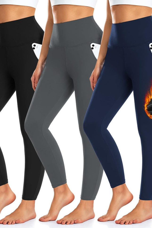 3 Pack Fleece Lined Leggings Women with Pockets -Warm Winter Yoga Pants for Wome