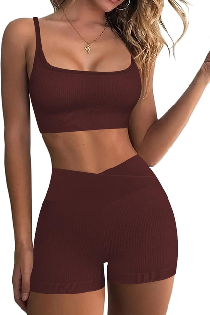 Workout Sets for Women Two Piece Sexy Summer Sports Bra and Crossover Shorts Mat