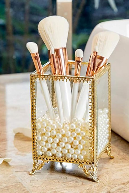 Putwo Vintage Makeup Brush Holder Glass and Brass Organizer Handmade Cosmetic Br