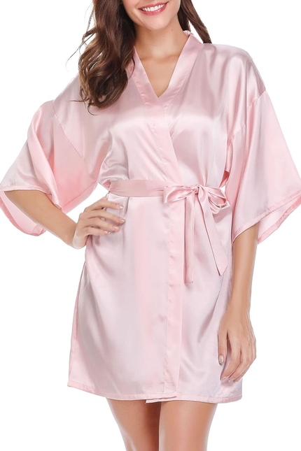 Womens Kimono Robes Dressing Gown Satin Bathrobe Nightdress Short Style Bridal R
