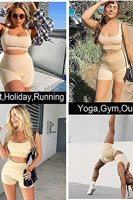 Women'S Workout Sets Ribbed Tank 2 Piece Seamless High Waist Gym Outfit Yoga Sho