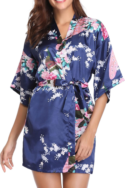 Womens Kimono Robes Dressing Gown Satin Bathrobe Nightdress Short Style Bridal R