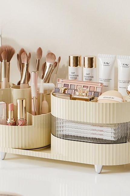360° Rotating Vanity Makeup Organizer with Brush Holder, Large Spinning Cosmetic